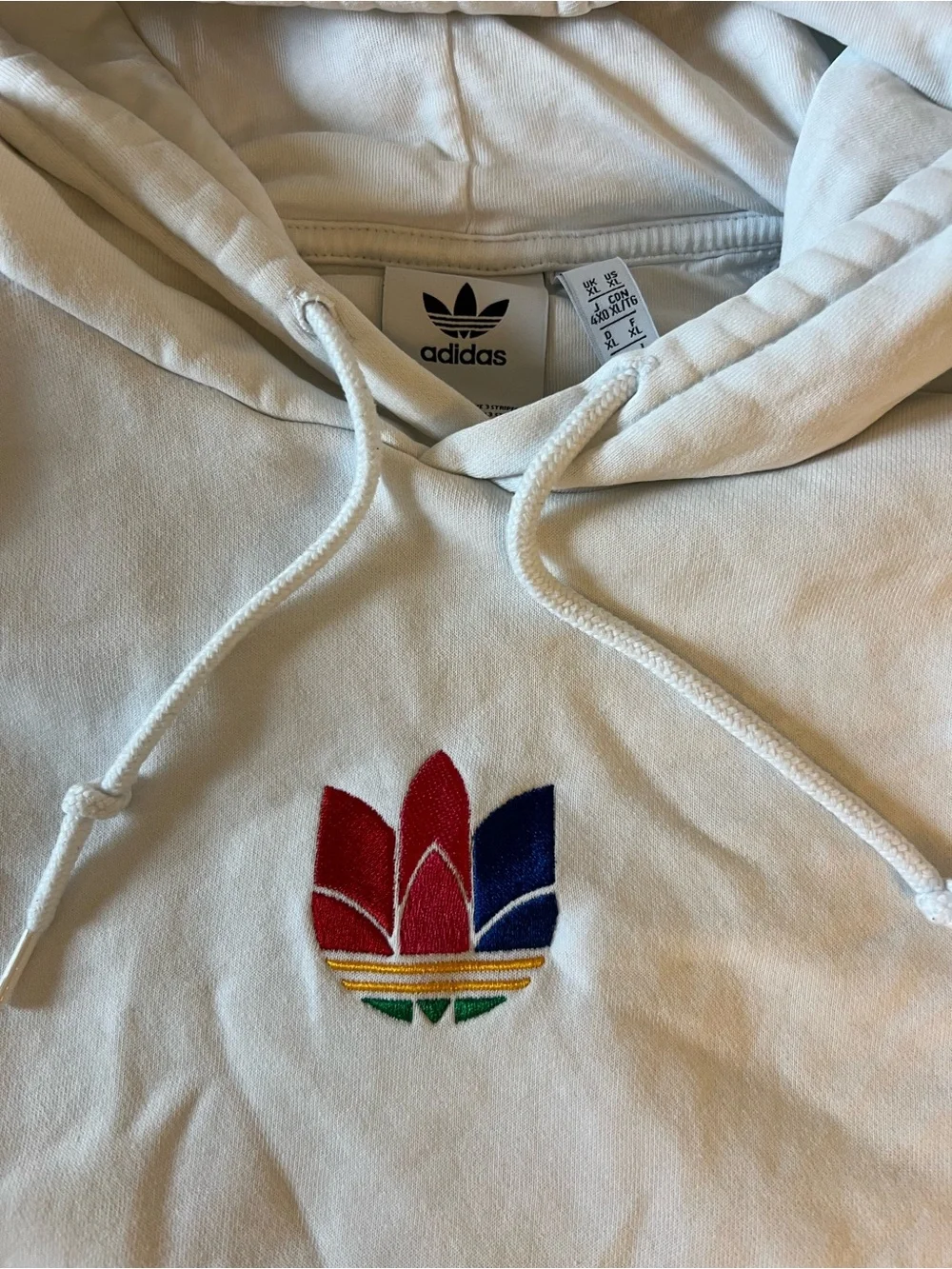 Adidas Originals Trefoil Hoodie White Multicolor Embroidered Logo Pullover
